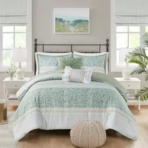 5 Piece Seersucker Comforter Set With Throw Pillows, Floral Comforter Sets, Microfiber Comforters, All Season Lightweight Comforter, Throw Pillows, Caralie
