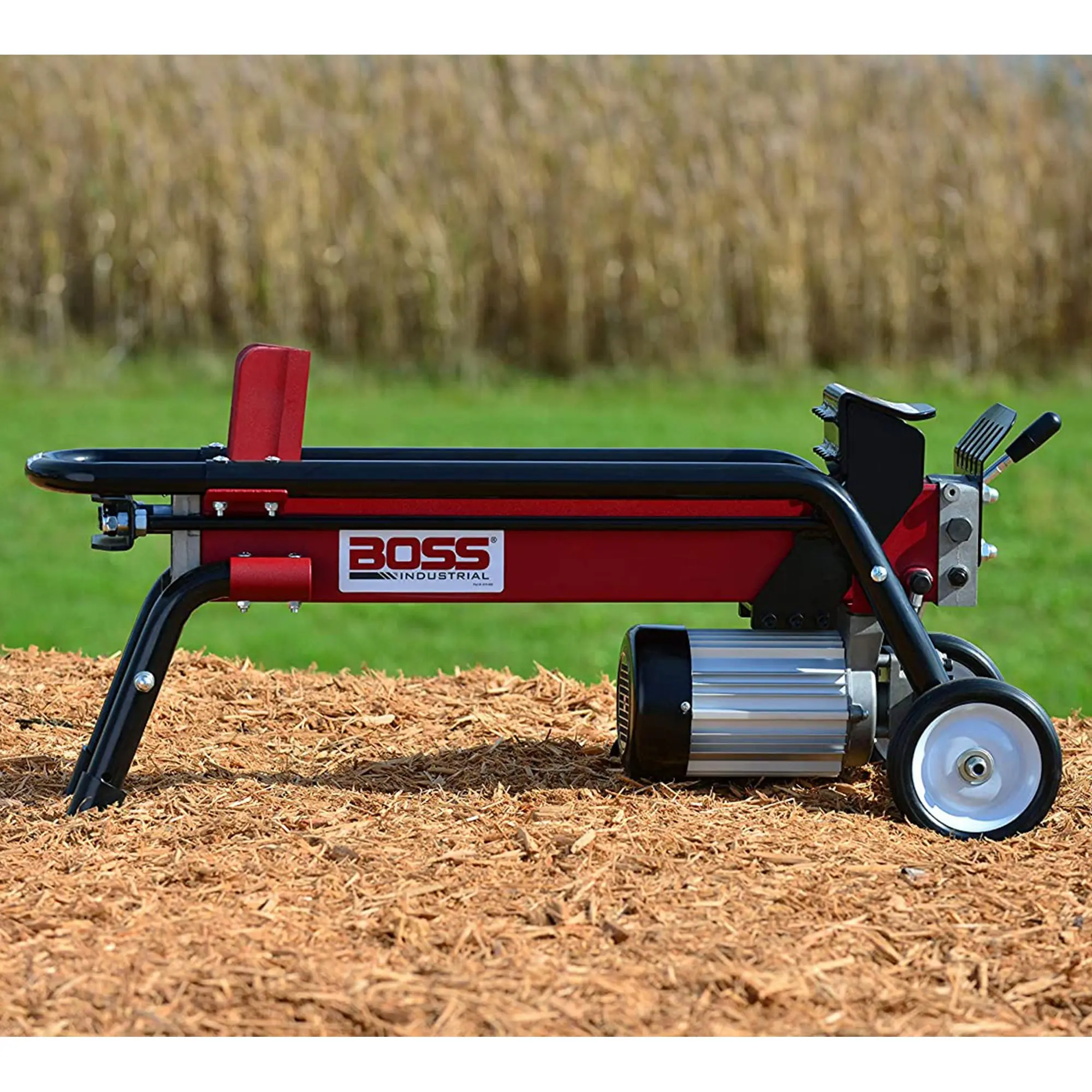 Boss Industrial 7 Ton Lightweight Portable High Powered Hydraulic Electric Firewood Log Splitter with Rubber Wheels for Home, Garage, or Cabin, Red