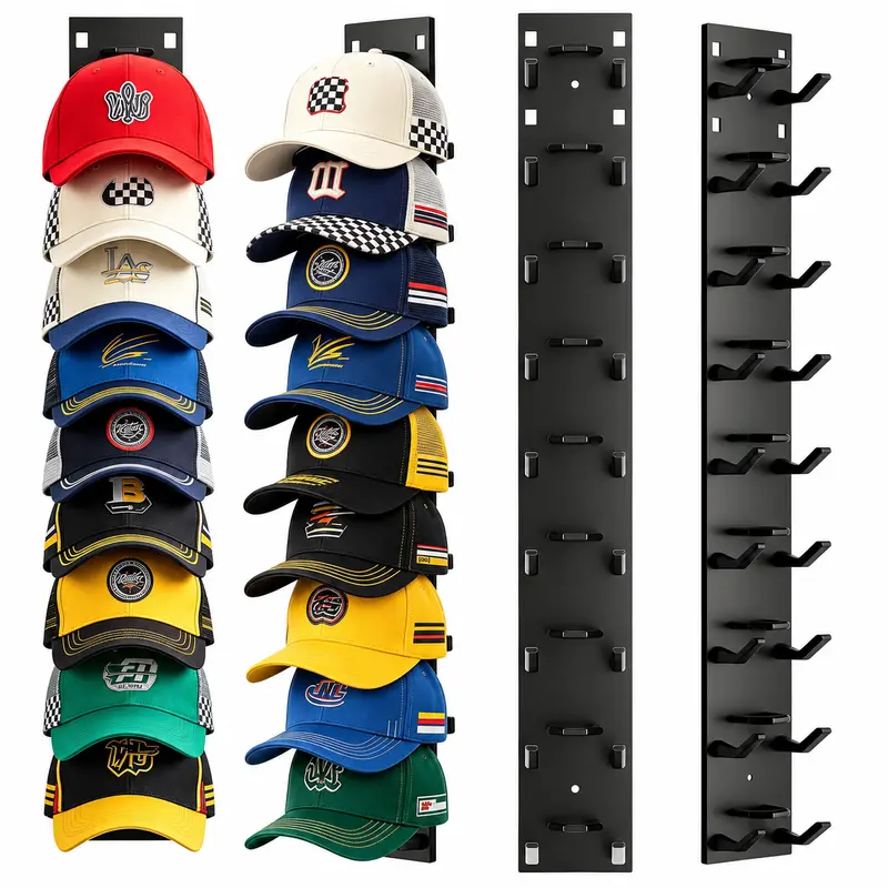 2-Pack Wall-Mounted Baseball Cap Organizer Rack - Black/White Adhesive Mount, Stable Structure, Holds 18 Hats, Home Supplies, Closet Storage Shelves, Room Decor Hanger for Closet Door & Bedroom Easy Access