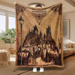 Vintage Castle Print Cozy Throw Blanket - 1-Count Soft Warm Bedding with Contemporary Look, Ideal for Bedroom and Travel Use