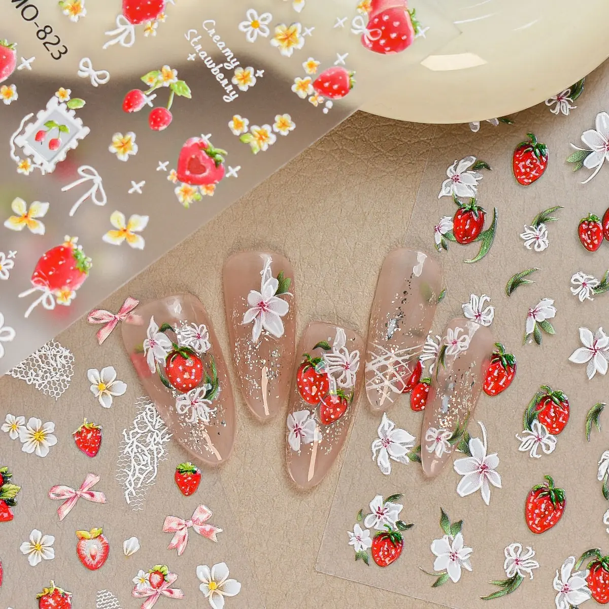3D Embossed Strawberry Nail Stickers, Spring Cute Floral & Fruit Nail Decals, Self-Adhesive Nail Art Stickers, DIY Nails Art, Easy Application Playful Nail Design Decorations for Acrylic Gel Nails