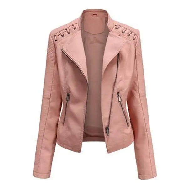 Women's Fitted PU Leather Motorcycle Coat - Lapel, Long Sleeve, Tops for Ladies, Sizes S-XXXL, Stylish Design, Coats, Style, Imitation, Casual, Longsleeves, Lady, Slim, Evening, Cool Weather, Sporty Chic, 2Xl