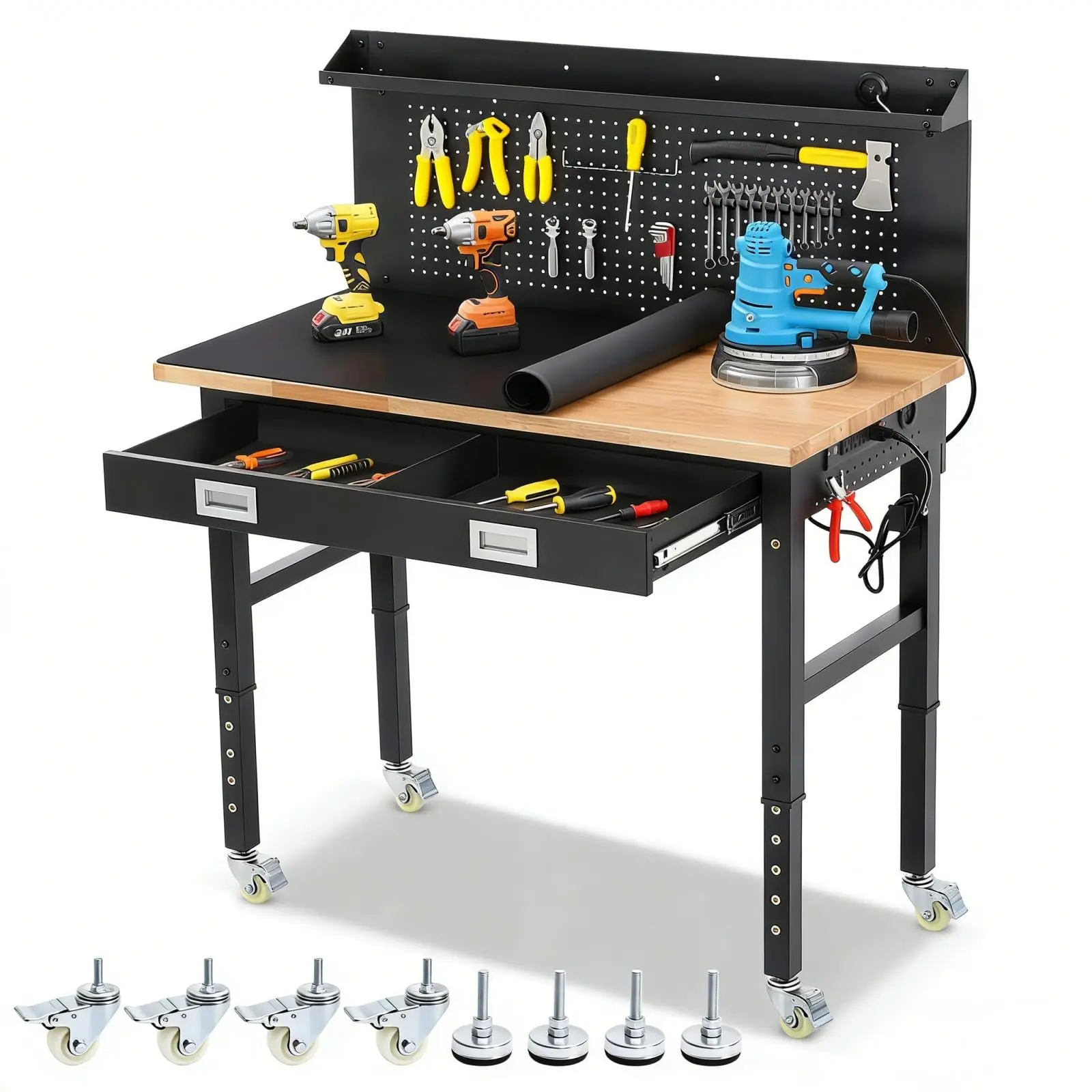 ENJOYWOOD 48x24in Heavy-Duty Rubberwood Work Bench (2000 lbs Capacity) - Single Unit Rolling Adjustable Desk with Casters, Foot Brakes, Pre-Drilled Pegboard, Drawers, Power Outlets, LED Light Strip, Steel Legs, Built-In Cord Organizer for Garage