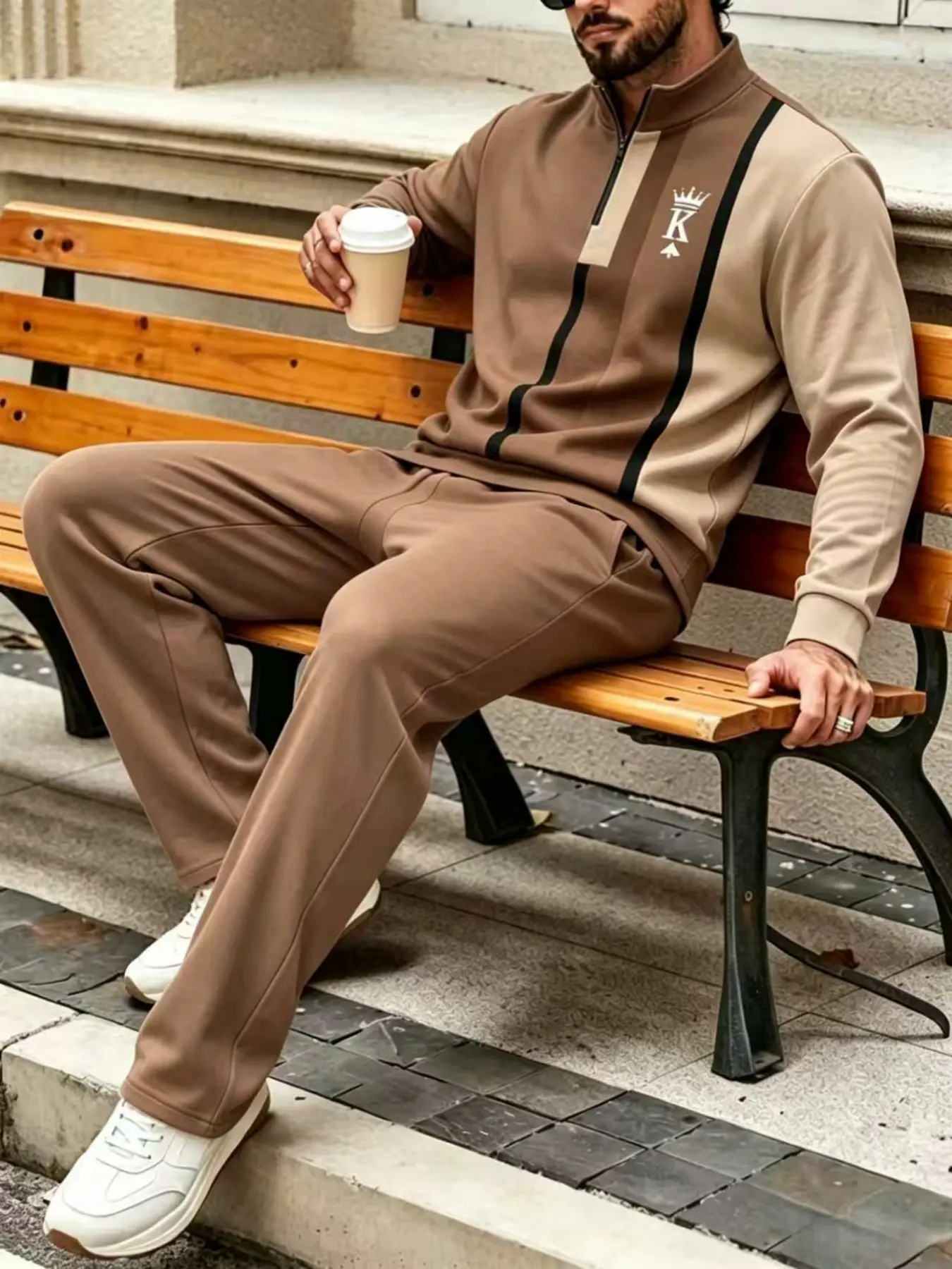 2026 Retro Menswear Formal Wear Festive Men's 2-Piece Long-Sleeves White & Brown Striped Half-Closed Jacket Set with Crown K Design, Zipper, Medium Stretch, Suitable for Casual, Business, Vacation Stretchy Suit Set Beige