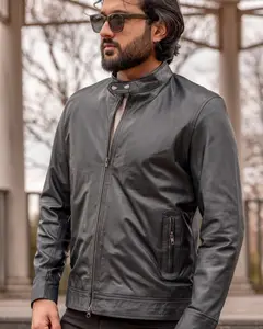 Khaal Men's Vintage Genuine Leather Racer Jacket in Classic Slate Blue - Handmade Retro Angel Style