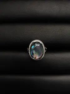 Ruby(10989)gc.Northern Lights Ring - Iridescent Oval Opal with Ornate Silver Border & Engraved Detailing
