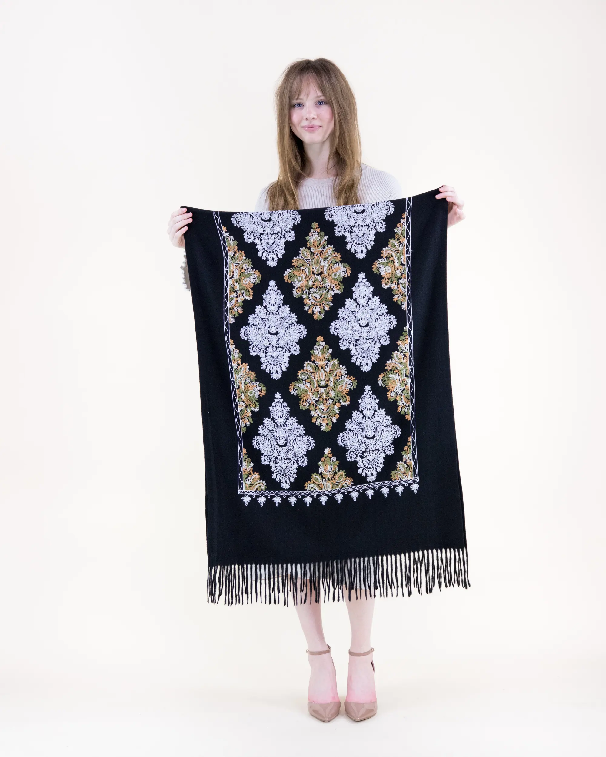 Elegant Baroque Medallion Fringe Scarf Shawl - Black with Gold & White Embroidery - Versatile All-Season Accessory
