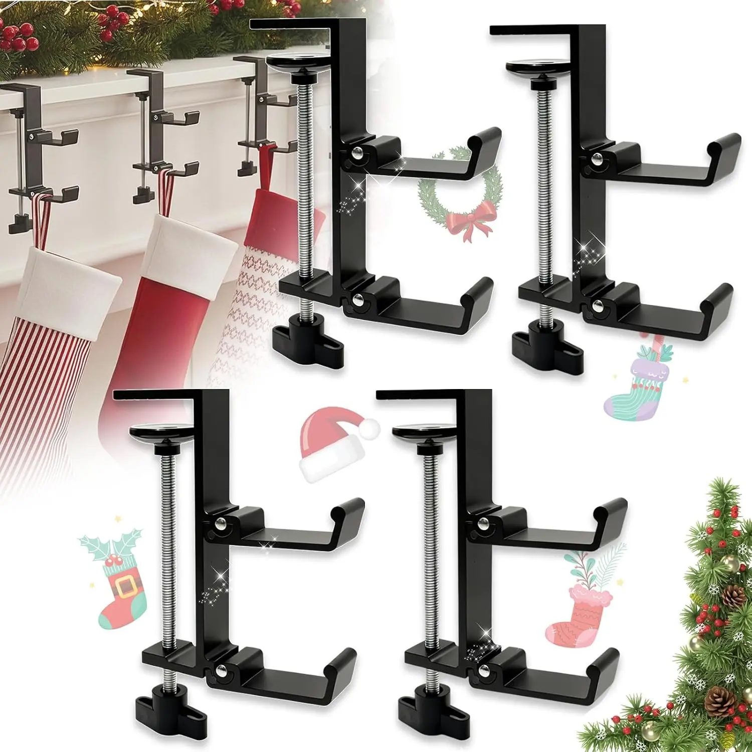 Adjustable 2 in 1 Mantel Stocking Holders with Foldable Double Hooks, Heavy Duty No Drill Fireplace Garland Hooks for Christmas Xmas Home Mantle Decoration