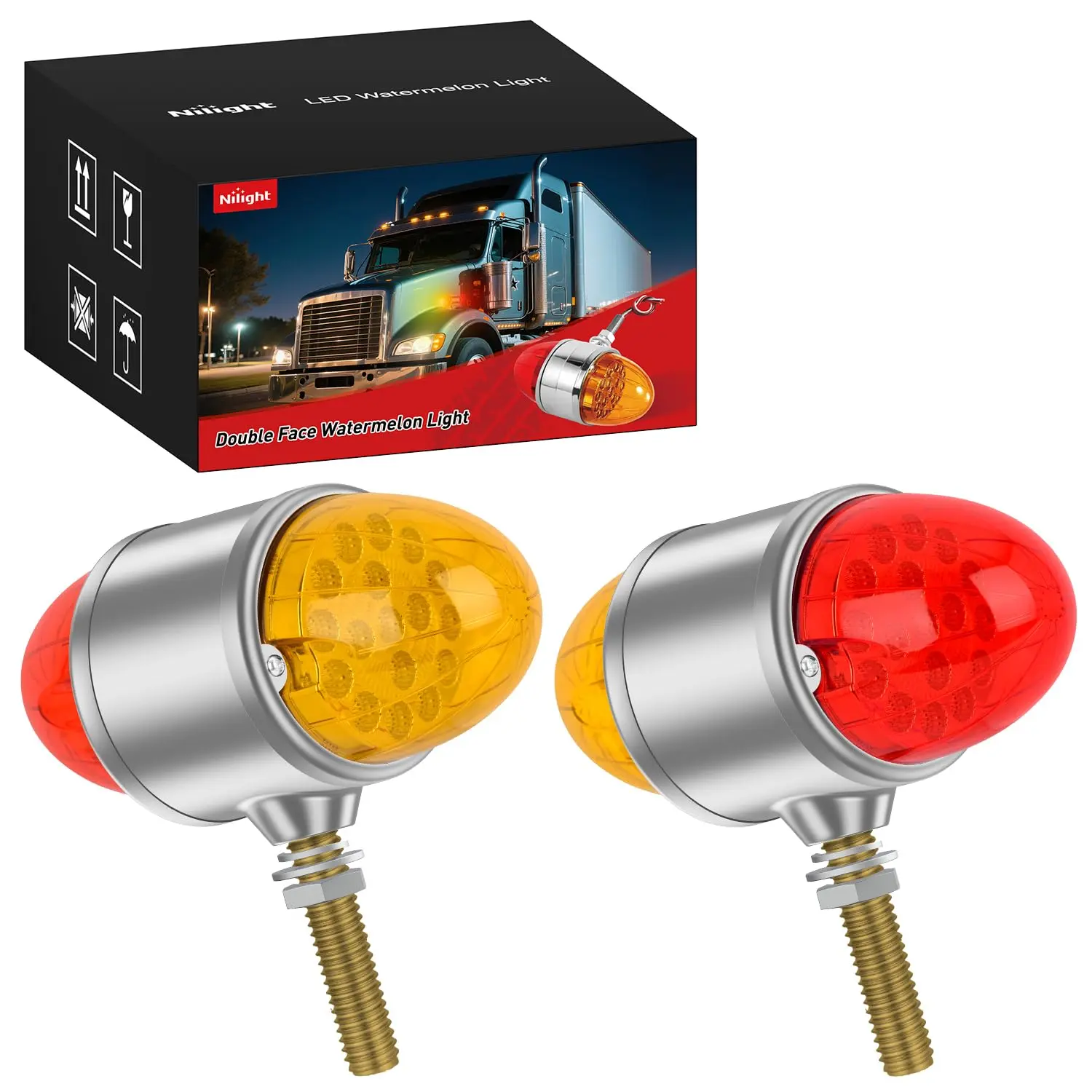 Nilight 34 LED Dual Face Watermelon Light 2PCS Amber and Red Clear Lens Auxiliary Side Marker Clearance Turn signal Brake Pedestal Lights IP68 Waterproof for Trailer Semi Trucks Pickup Camper RV