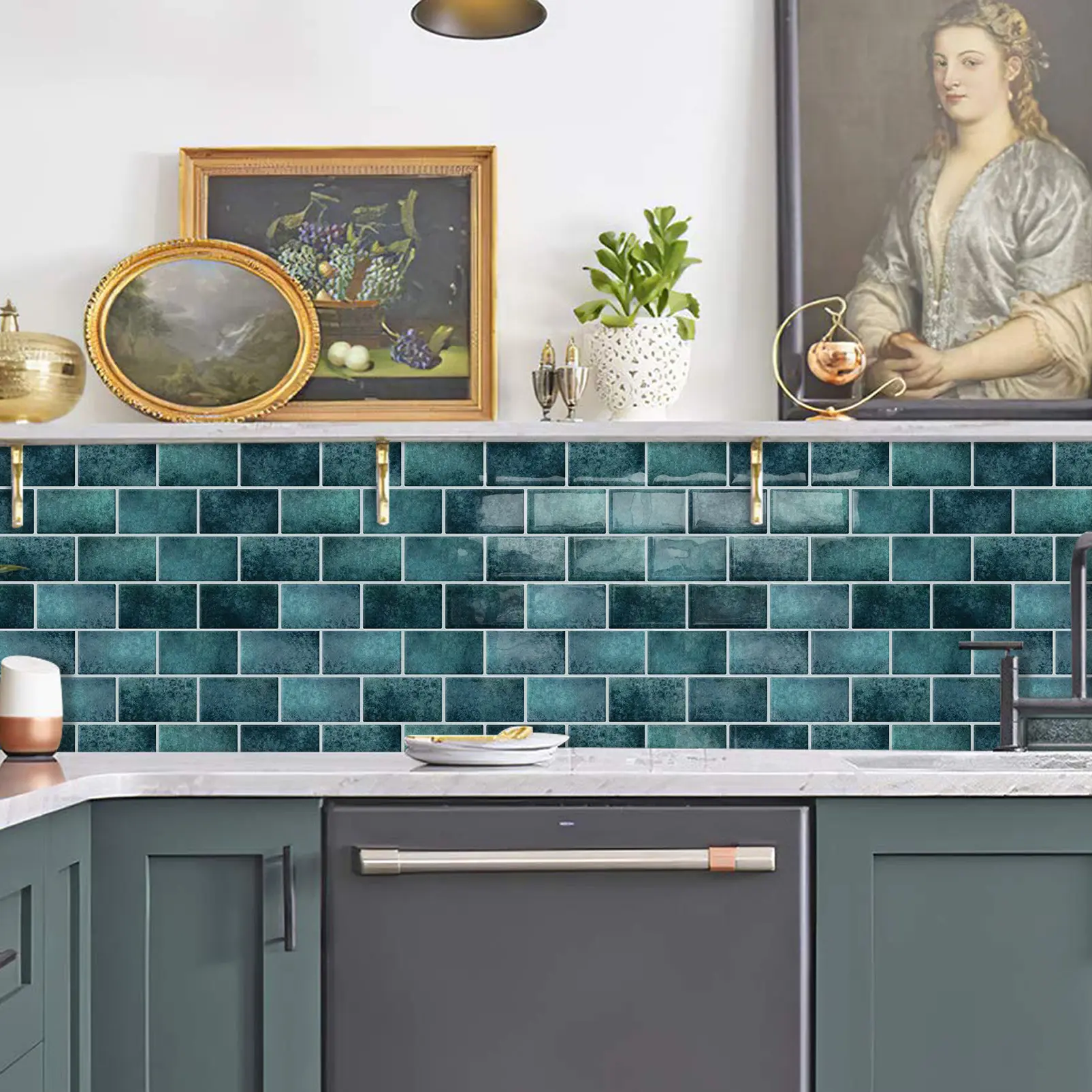 DEWOO 10-Pack 12"x12" Deep Teal Blue-Green Subway Mosaic Peel and Stick Backsplash Tiles, Glossy Glass-Look Self-Adhesive Stickers, Waterproof Heat-Resistant Wall Decor for Kitchen, Renter-Friendly DIY Home Makeover Decor campingessentials
