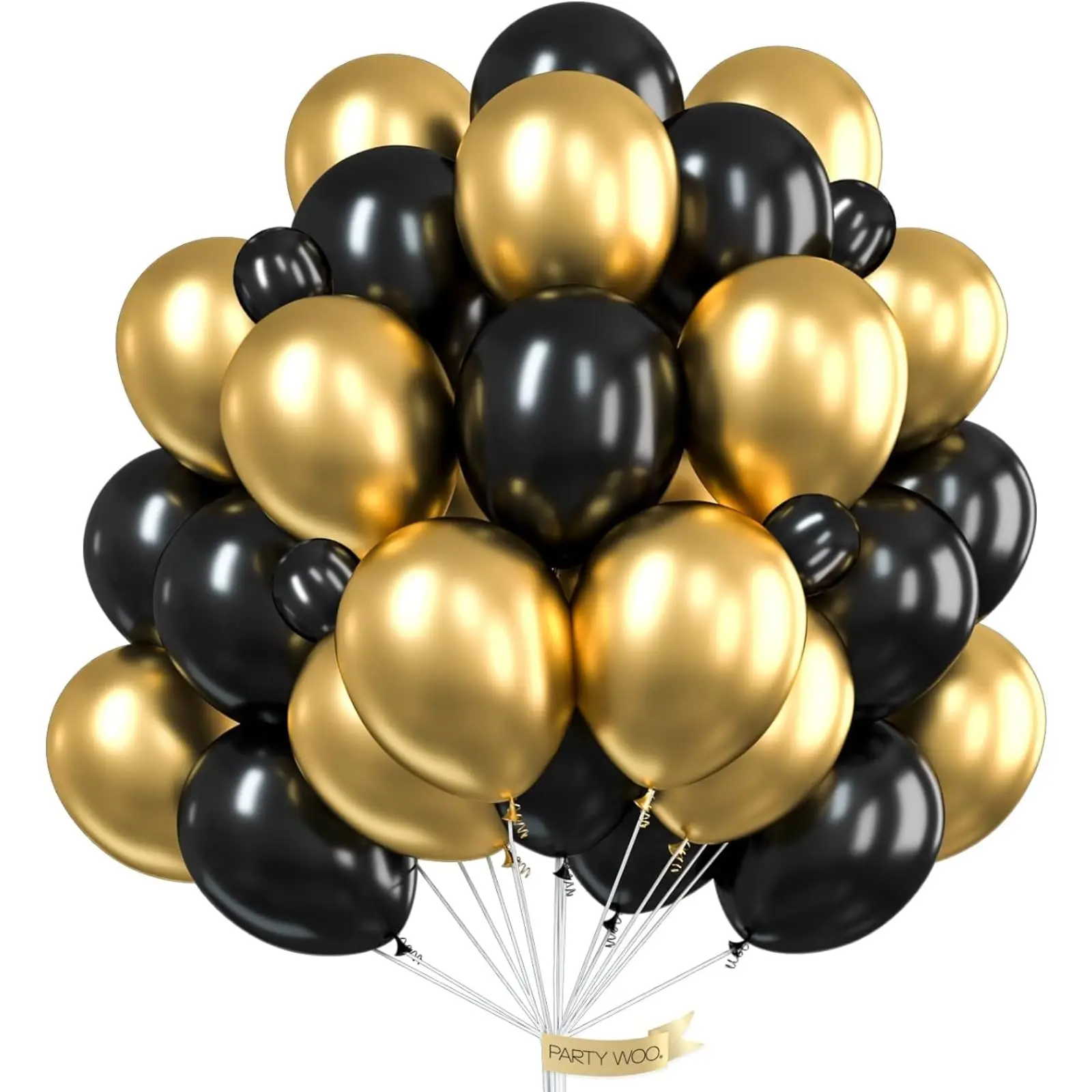 PartyWoo 66-Piece 12-Inch Thick Round Rubber Balloons, Matte Black & Chrome Gold Metallic Latex for Balloon Arch, Graduation Decorations, Metallic Latex Balloons