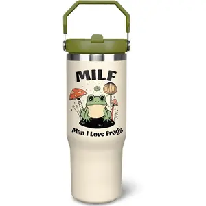 30oz Thermal Printed Stainless Steel Frog Tumbler - Vacuum Insulated, Leakproof Drink Flask with Handle, Straw, Lid, Portable Water Bottle, Women's Coffee Mug Gift