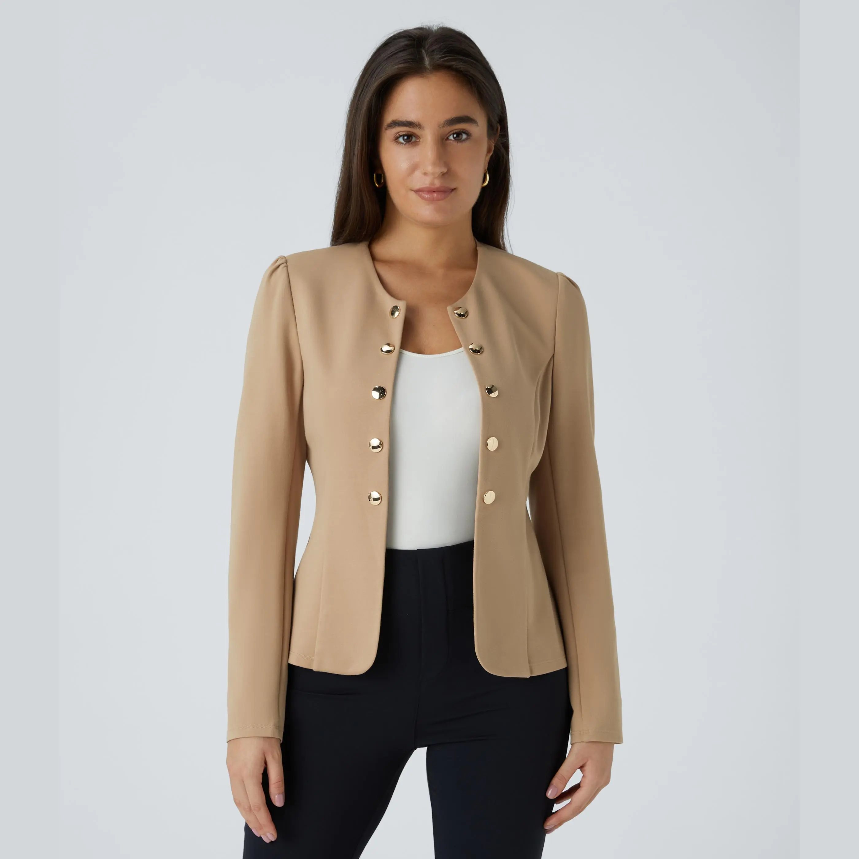 Halara Round Neck Long Sleeve Decorative Button Slim Work Blazer