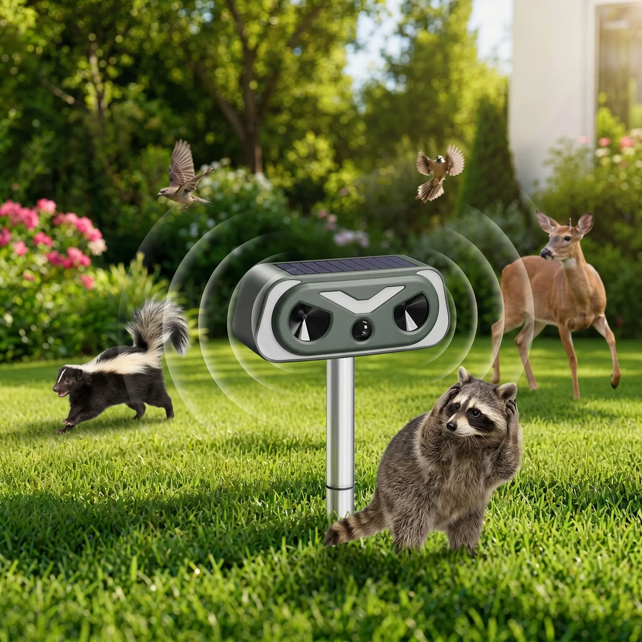 Humane Solar Ultrasonic Animal Deterrent (ABS Plastic) - Outdoor Motion Sensor Device with Flashing Lights & Low-Frequency Waves, Low Maintenance, for Foxes, Raccoons, Deer, Skunks, Install 9-10 in Above Ground for 1-2 Weeks Continuous Use