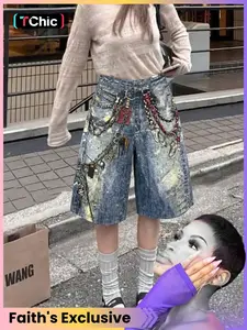 Dark Acid Wash Pastel Chain Print Denim Jorts, Kawaii Heart Star Embellished Baggy Shorts, Trendy Y2K Aesthetic Streetwear for Festivals & Daily Wear Pockets