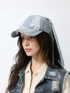 Unisex Punk Style Duckbill Hat, Distressed Ripped Design, Detachable Chain Scarf, Streetwear Festival Hat, Cool and Edgy