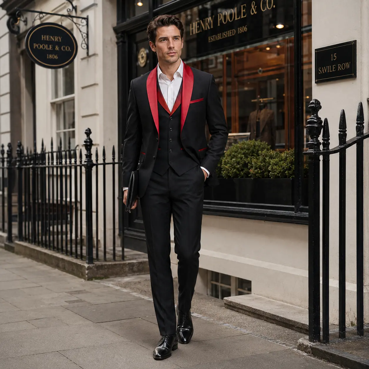 Men's 3-Piece Black Slim-Fit Suit Set - Long Sleeve Blazer, Vest, Pants with Red Satin Lapel, Zipper Detail - Menswear Workwear Alternative for Wedding, Prom, Special Events