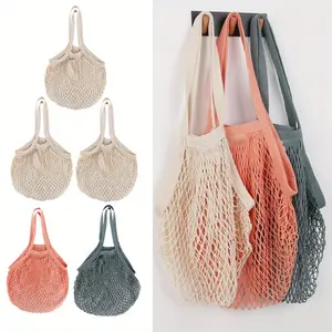 5 Pack Portable Mesh Shopping Bag, 13.8 Inches X 23.6 Inches, with Sturdy Handle, Reusable, Breathable Tote Bag, Suitable for Fruits and Vegetables, Kitchen Storage, Picnicking, Camping