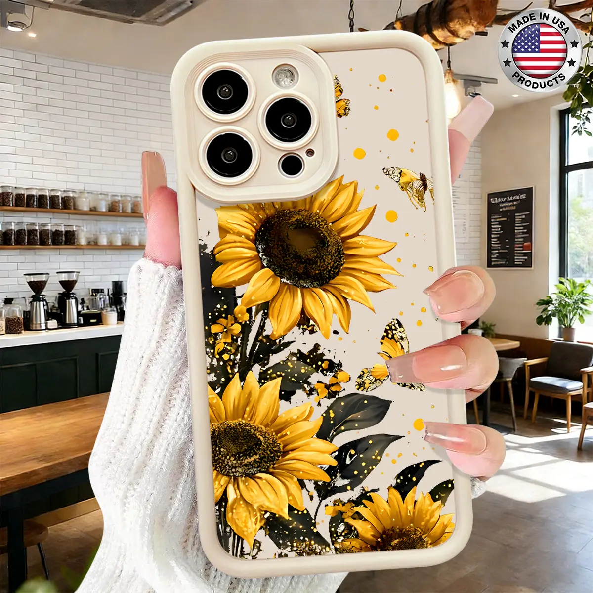 Stylish Sunflower Floral Butterfly Aesthetic Pattern Case for iPhone 17 16 15 14 Pro Max 13 12 11 XR XS Plus Air Slim Lightweight Shockproof Anti Drop Protective Durable TPU Cover