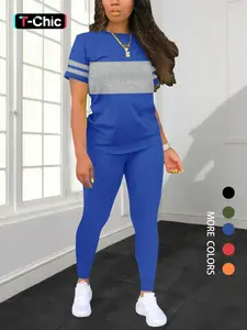 Women's Colorblock Fitted Short Sleeve Tee & Solid Pants Two-piece Set, Casual Lounge Set, Casual Round Neck T-shirt & Trousers for Daily Wear, Ladies Two-piece Outfits for All Seasons, Matching Outfits Set, Fashion Womenswear, Clothes