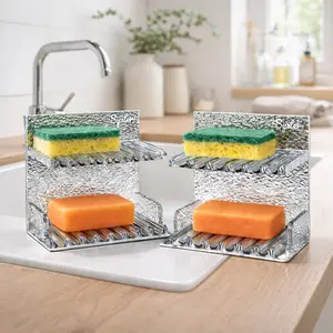 2-pack Acrylic Sponge Holder, Soap Holder, Soap Dish, Soap Saver, 2 in 1 Holder for Kitchen, Sink, Bath and Shower, Double Shelves with Drainage