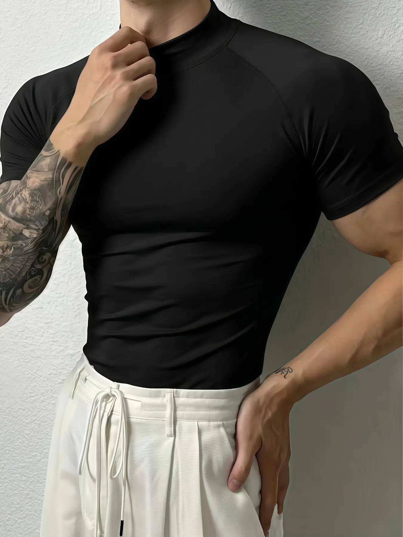 Men's High Neck Tight-Fit Gym T-Shirt, Black, Stretchable Activewear, Fitness Apparel, High Stretch Polyester Blend Fabric, Perfect for Strength Training, High-Intensity Workouts, Streetwear & Casual Outfits, Sports Slim Fit