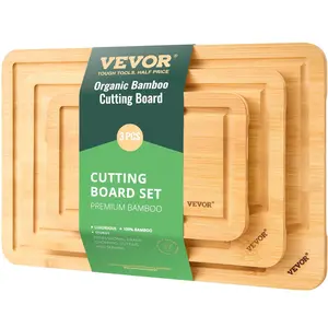 VEVOR Cutting Board, TikTokShopBlackFriday, 3 Pieces, Premium Versatile Bamboo Cutting Board with Food-Grade Oil and Juice Groove,Sturdy & Durable Chopping Board with Built-in Handle, Fit for Display, Chopping & Serving