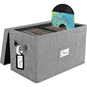 Vinyl Record Storage Box for 7"/45 RPM LPs, Grey Case with Lid Holds up to 80 Albums, CD Crate Music Collection Holder, Collapsible File Folder Cabinet Organizer with Handle