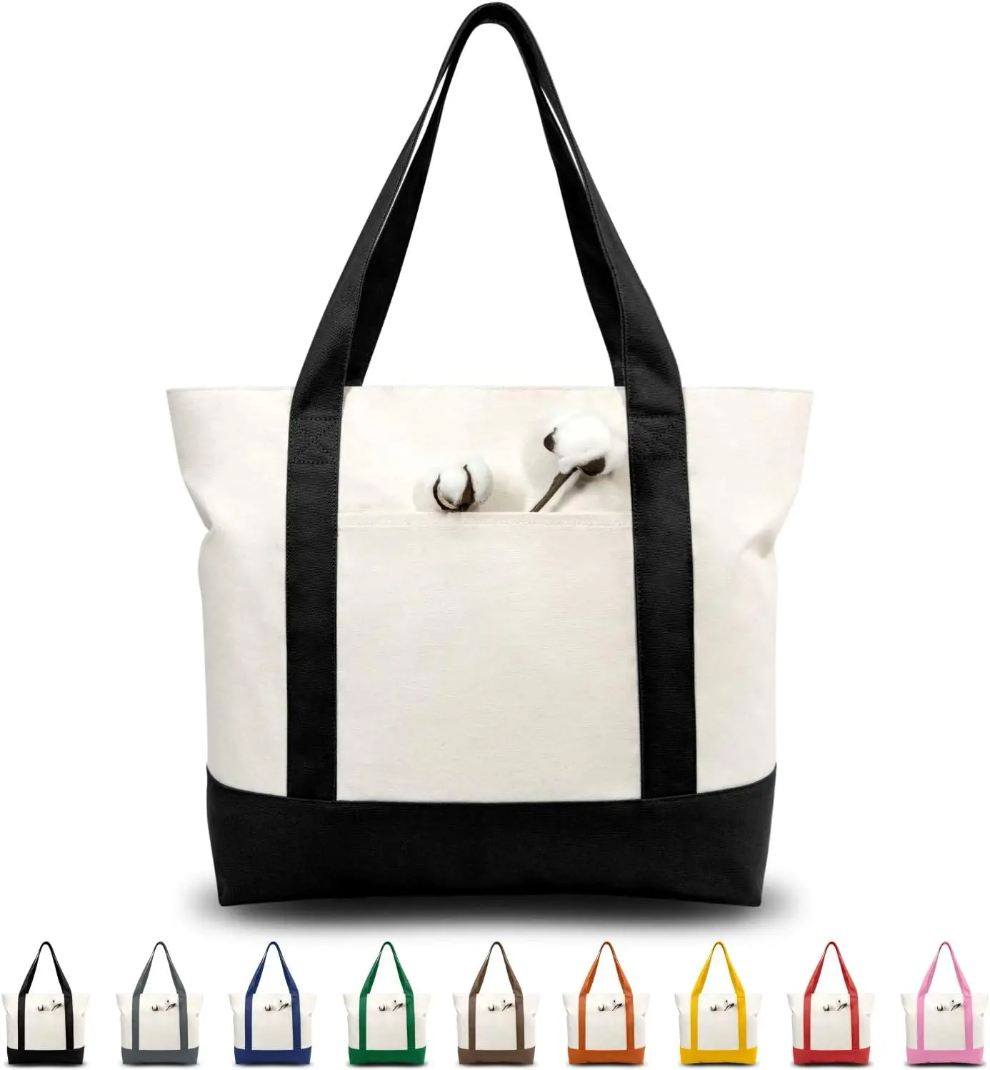 Tote Bags with an External Pocket, Reusable Grocery Shopping Bags, Top Zipper Closure,Daily Essentials
