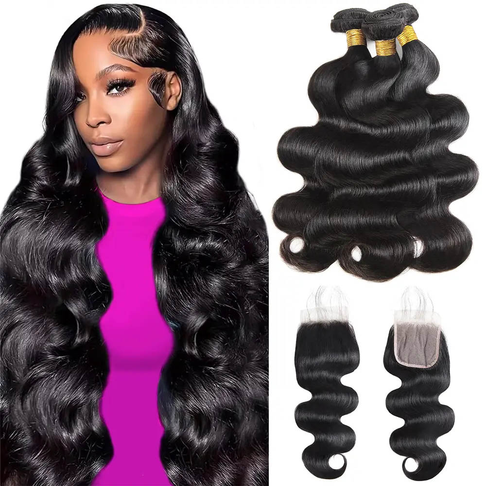 Brazilian Body Wave Human Hair Bundles with 4x4 Lace Closure, 3 Bundles of 100% Virgin Natural Hair Extensions for Sew-in Weave, Natural Human Hair, Raw Human Hair