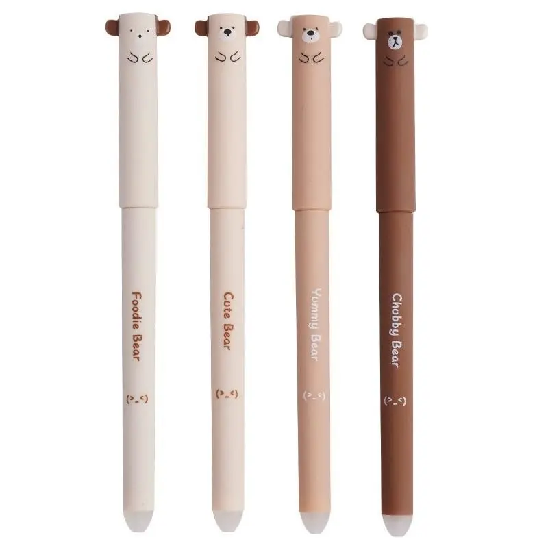 0.5mm Erasable Pen (4 Counts/set), Cute Animal Design Erasable Pen with Eraser, Aesthetic Pens, Writing Pens, Suitable for School Homework, Note-taking, and Office Documents, School Supplies