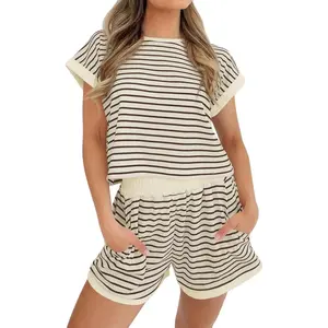 Tankaneo Womens Summer 2 Piece Sets Striped Short Sleeve T Shirts and Shorts Loungewear Matching Set