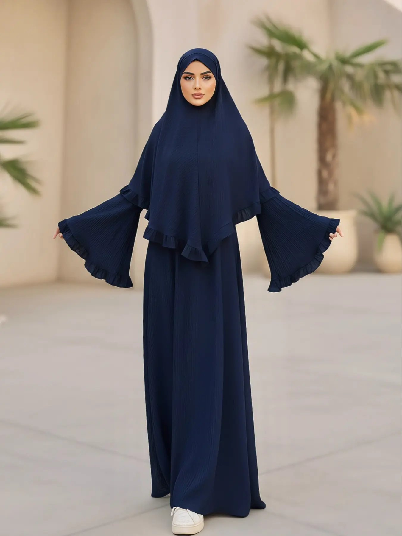 Women's Solid Long Sleeve Abaya with Hijab Set, Modest Style Fashionable Two-piece Outfits for Women, Modesty Muslim Clothing, Women's Islamic Clothing for Daily Wear