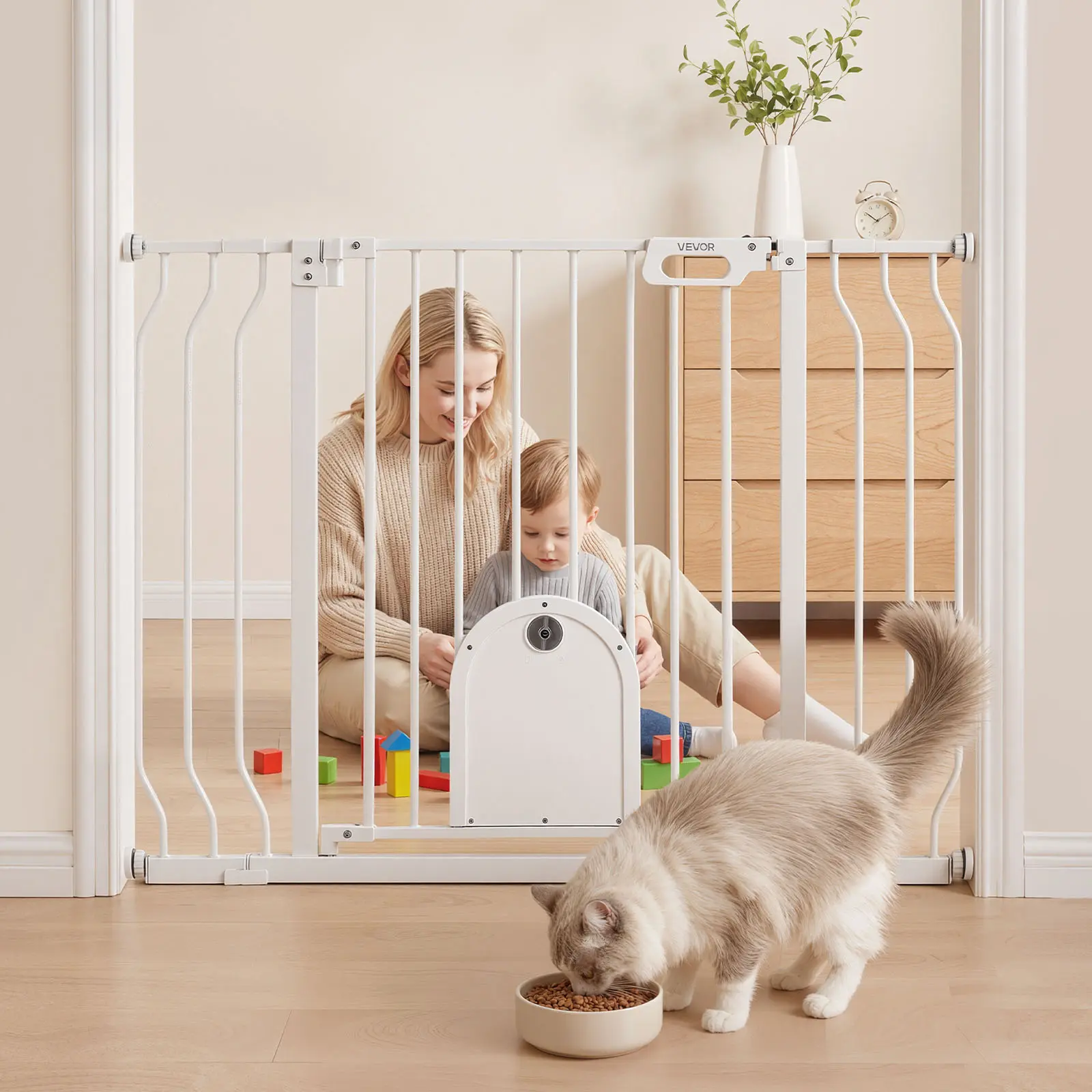 【SummerFinds】VEVOR Metal Baby Gate, 29.5-43 in Width, Adjustable with 7.48 in Wide 7.09 in Opening Height Cat Door, Pressure & Wall Mount Kits, Double-Lock Design, Sturdy & Secure, Easy 1-Hand Operation, for Stairs & Doorways, White, 7.48 In Wide With