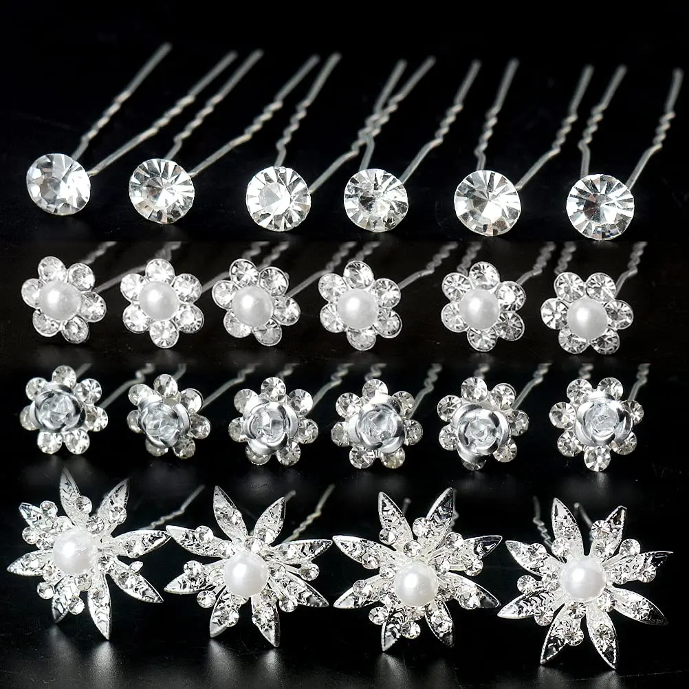 40 Pieces Bridal Hair Pins, Clips and Barrettes with Crystal Pearl Flowers, Women's Proms Hair Jewelry Accessories, Gift Stocking Stuffers for Girls