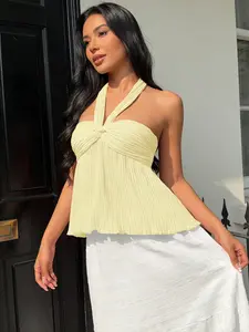 A women's solid-colored halter neck twisted knot camisole made of pleated fabric, featuring a fresh and sweet light sexy style, suitable for occasions like summer dates, beach vacations, or casual city shopping where a light and elegant look is desired.