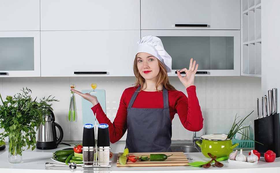 (2 Pack) Gravity Electric Salt and Pepper Grinder Set Battery Operated One Hand Automatic Operation, Adjustable Coarseness Mill Grinders Shakers LED Light, Kitchen Gadgets Stainless Utensils