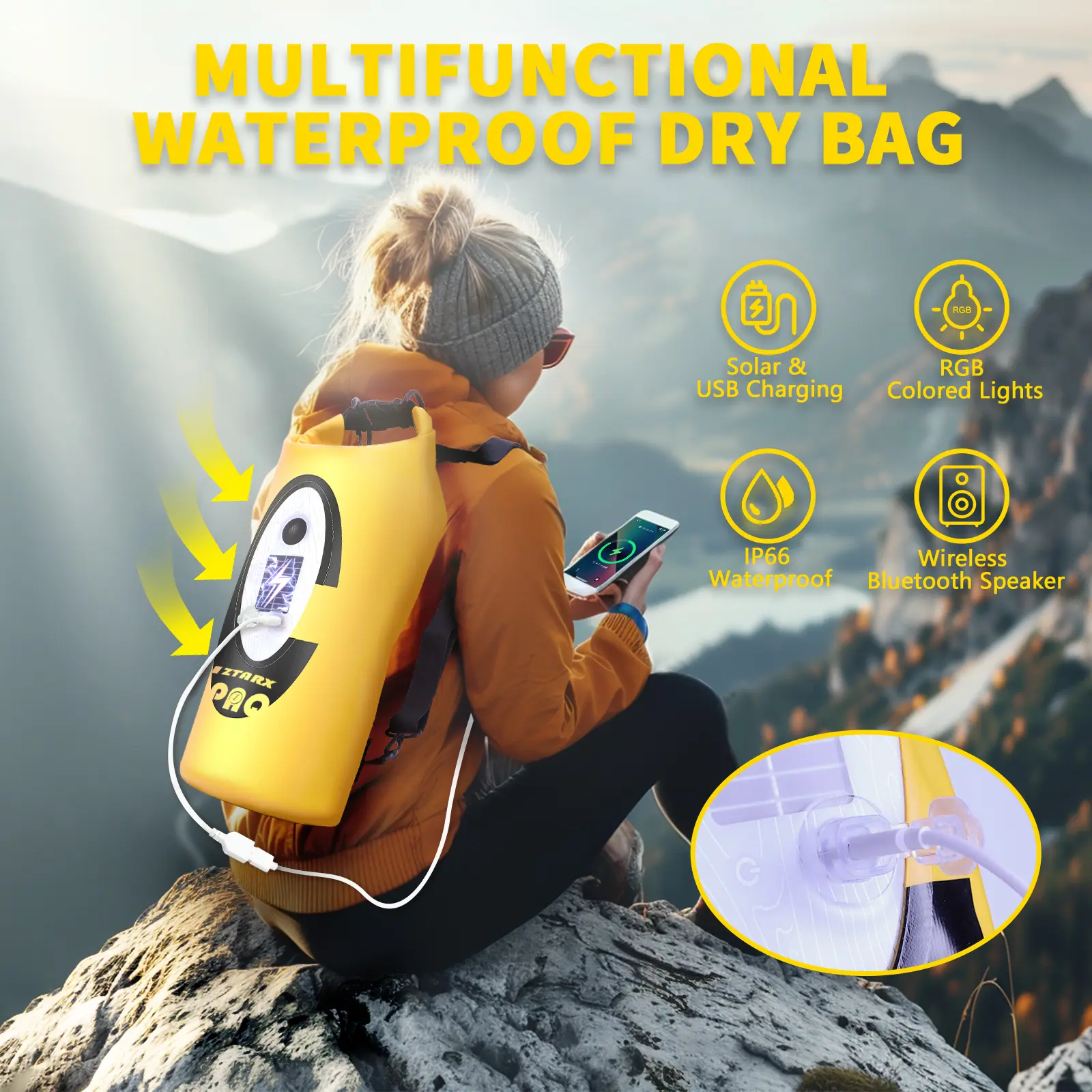 Solar powered dry bag backpack 10L with built-in Bluetooth speaker & LED light (4 lighting modes), solar or USB rechargeable, IP66 waterproof, floatable, ideal for camping, kayaking, hiking