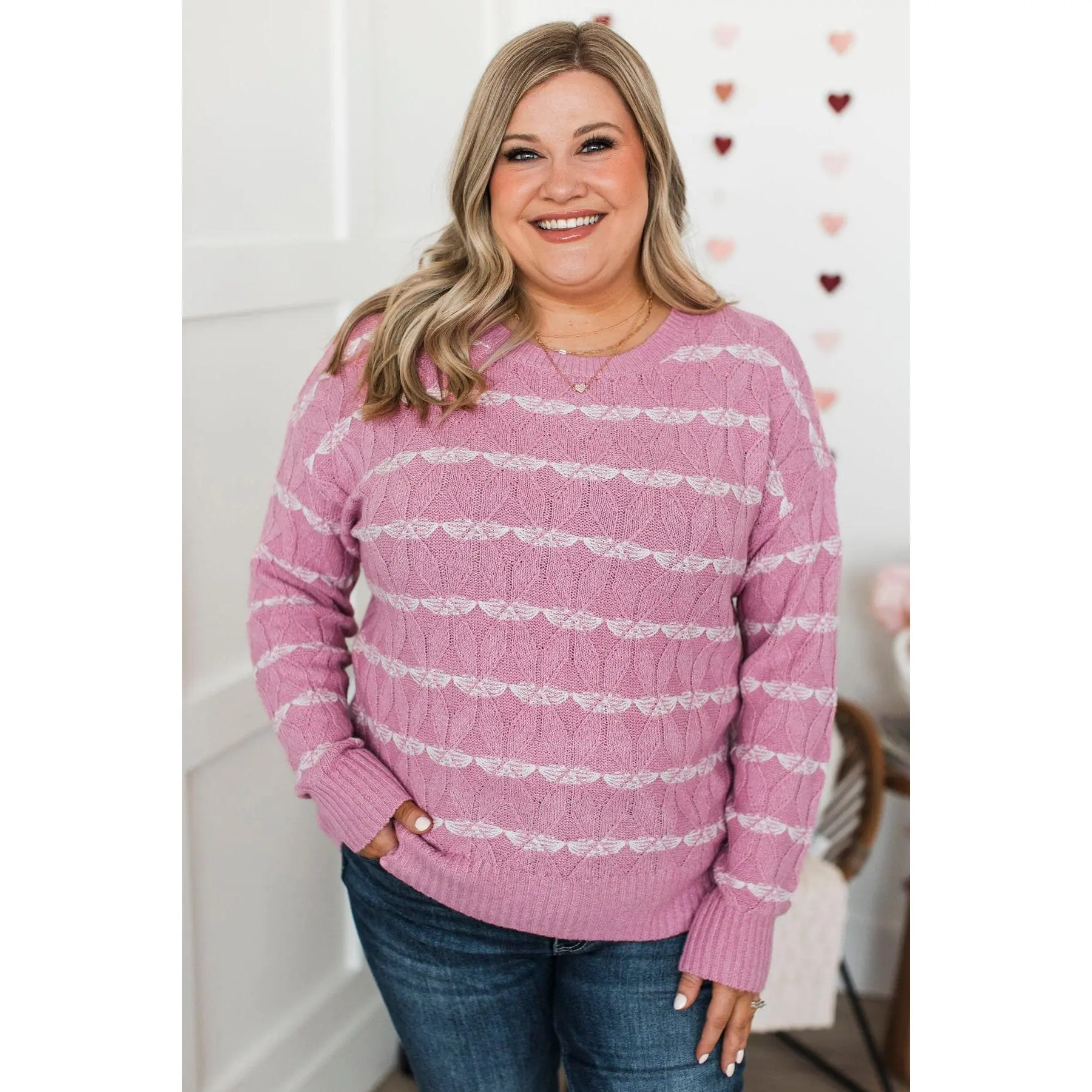 Women's Light Pink Pullover Sweater with a Scalloped Stripe Print, Soft Ribbed Knit Fabric Tops with Drop Shoulder Sleeves, Knitwear, Fit, Flat, Casual