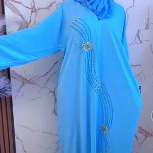 Beautiful Abaya in Vibrant Blue with Gold Embroidery for Casual Womenswear Long Sleeve Dress