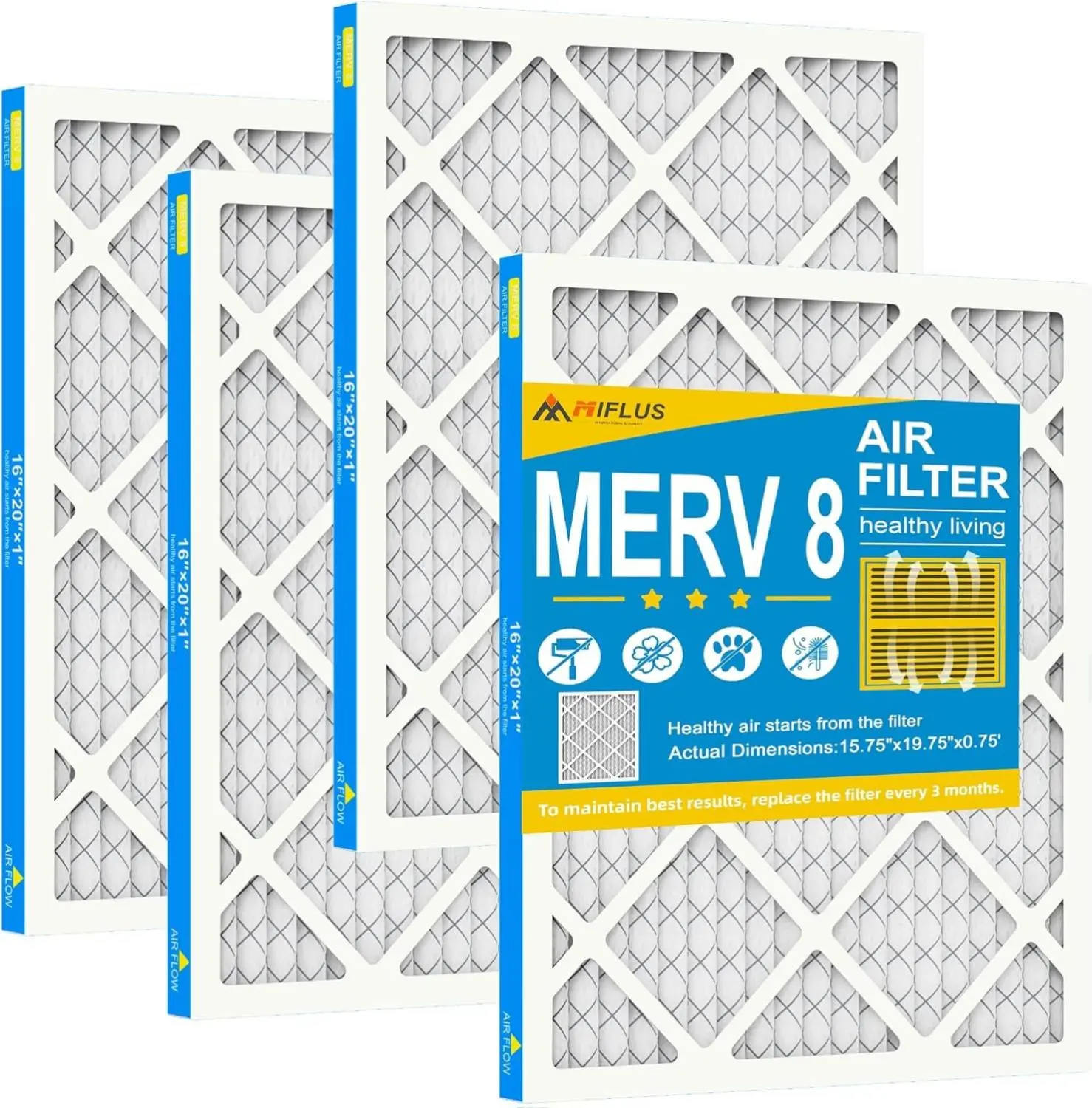 16x20x1 MERV 8 Furnace Air Filter, 4 Pack, Dust Defense & Long-Lasting Pleated Filter for HVAC System,back to school,back to school haul