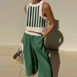 Spring Green Style Minimalist Chic Two-Piece Set Women's Geometric Print Coord Sleeveless Top and Dark Green Wide-Leg Pants Set
