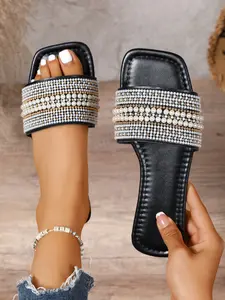 Fashionable Beaded Decorated Slides, PU Leather Slides, Casual Comfortable Flat Slippers for Beach, Lightweight Comfortable Slides for Indoor & Outdoor Wear, Walking Shoes