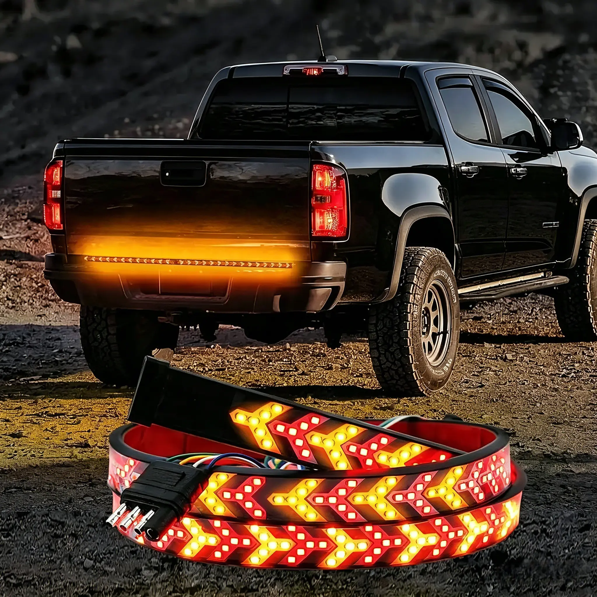 Universal LED Truck Pickup Tailgate Light Strip - 60-in/47.24-in LED Light Bars, 5-in-1 15W Power Brake/Turn Sequential Signals, Reverse Lamps, 4-Pin Connector, Adhesive, Amber Glass Lens, Compatible with Chevy, Ford, Dodge