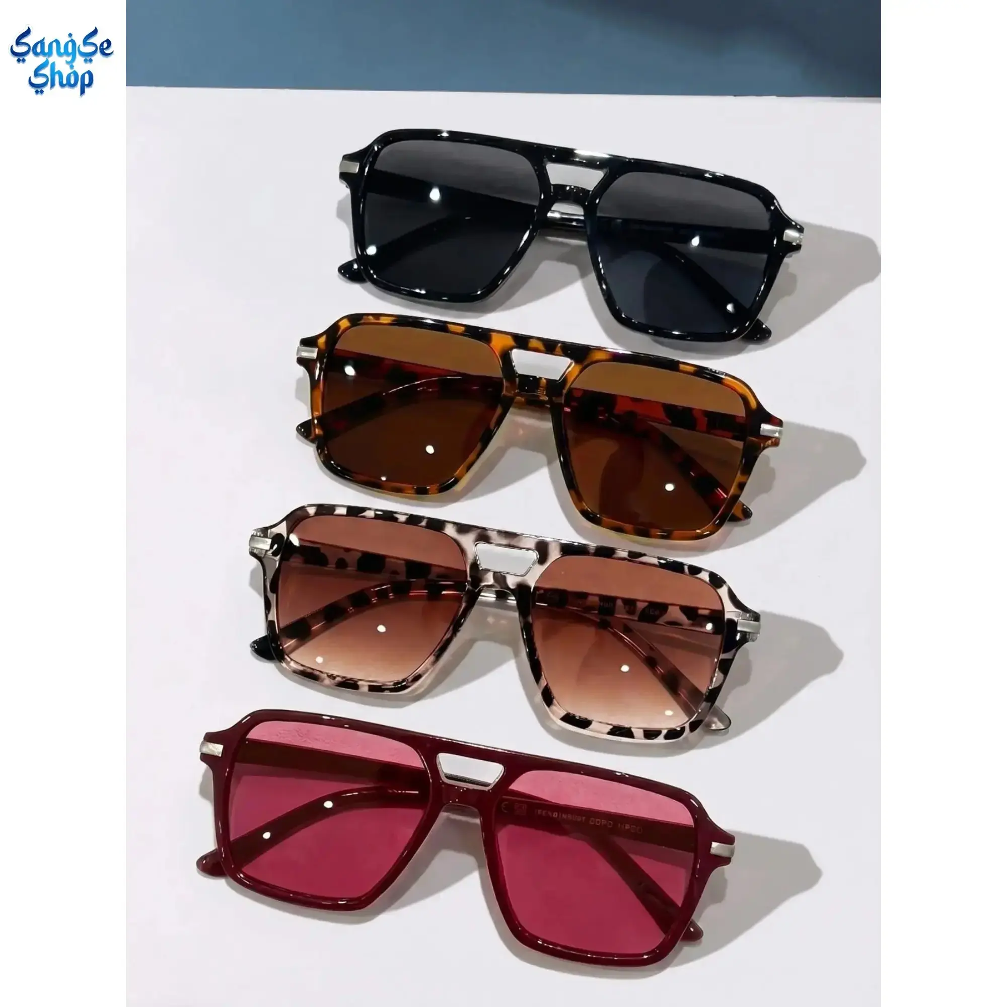 4PCS Fashion Square Pilot Sunglasses Set, Dual Bridge Retro Eyewear, Trendy Multicolor PC Frame Shades for Men & Women, UV Protection Glasses for Travel, Street Style, Vacation Photos, Driving & Daily Wear