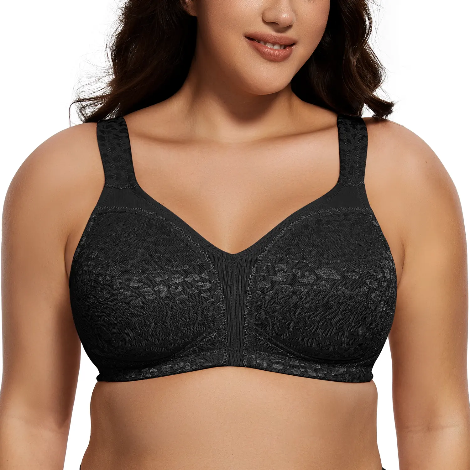 Deyllo Women's Full Coverage Plus Size Wirefree Non-Padded Minimizer Bra - 2 Patterns, Comfortable Everyday Womenswear, Minimizer Bra For Women, Black Bra, Lingerie For Women,clothes for back to school,first day of school outfits