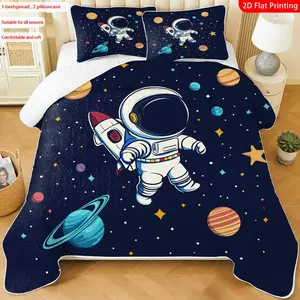 3 pcs, 2D flat print Astronaut Spaceship Starry Sky bed cover set, multiple sizes available, bedding set, Printed Bedding Set, festive decorative bedding, ideal for bedroom decor, Quilt Bedding Set(1 bedspread , 2 pillowcases)