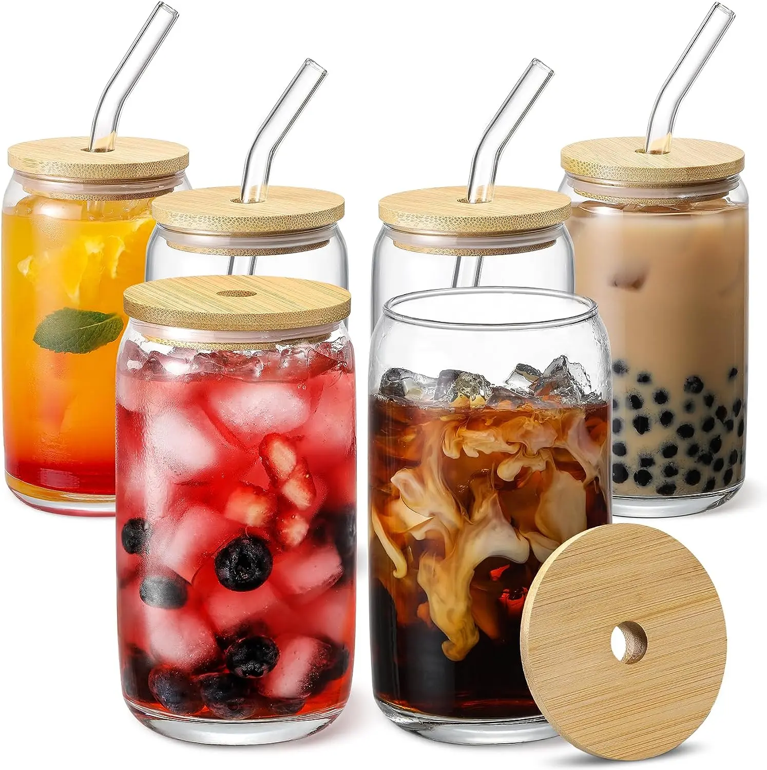 6PCS Beer Can Glass Cups with Bamboo Lids & Straws – 16oz Iced Coffee, Boba, Smoothie & Whiskey Tumblers + 2 Cleaning Brushes Drinkware Bottles Reusable Glassware, Reusable Glass Cups, Stylish Drinkware