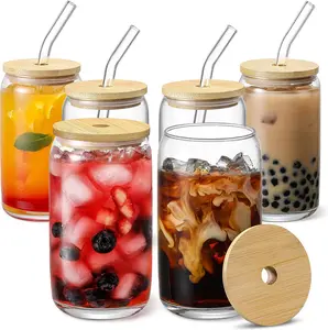 6PCS Beer Can Glass Cups with Bamboo Lids & Straws – 16oz Iced Coffee, Boba, Smoothie & Whiskey Tumblers + 2 Cleaning Brushes Drinkware Bottles