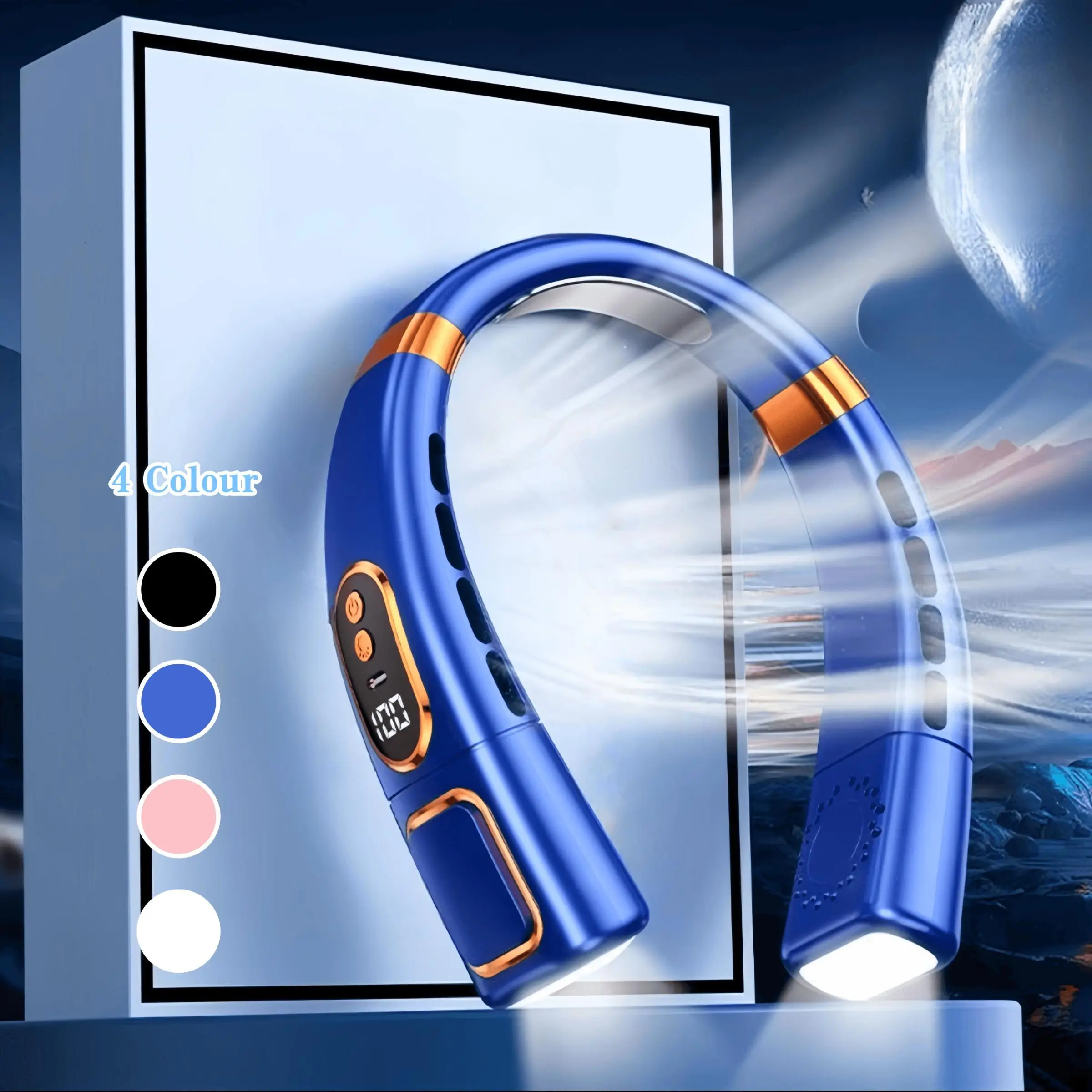 USB Rechargeable Neck Fan, Wireless Portable Cooling Device, Strong Wind Quiet Operation, Colorful Lights, Ideal for Outdoor Sports & Office Use